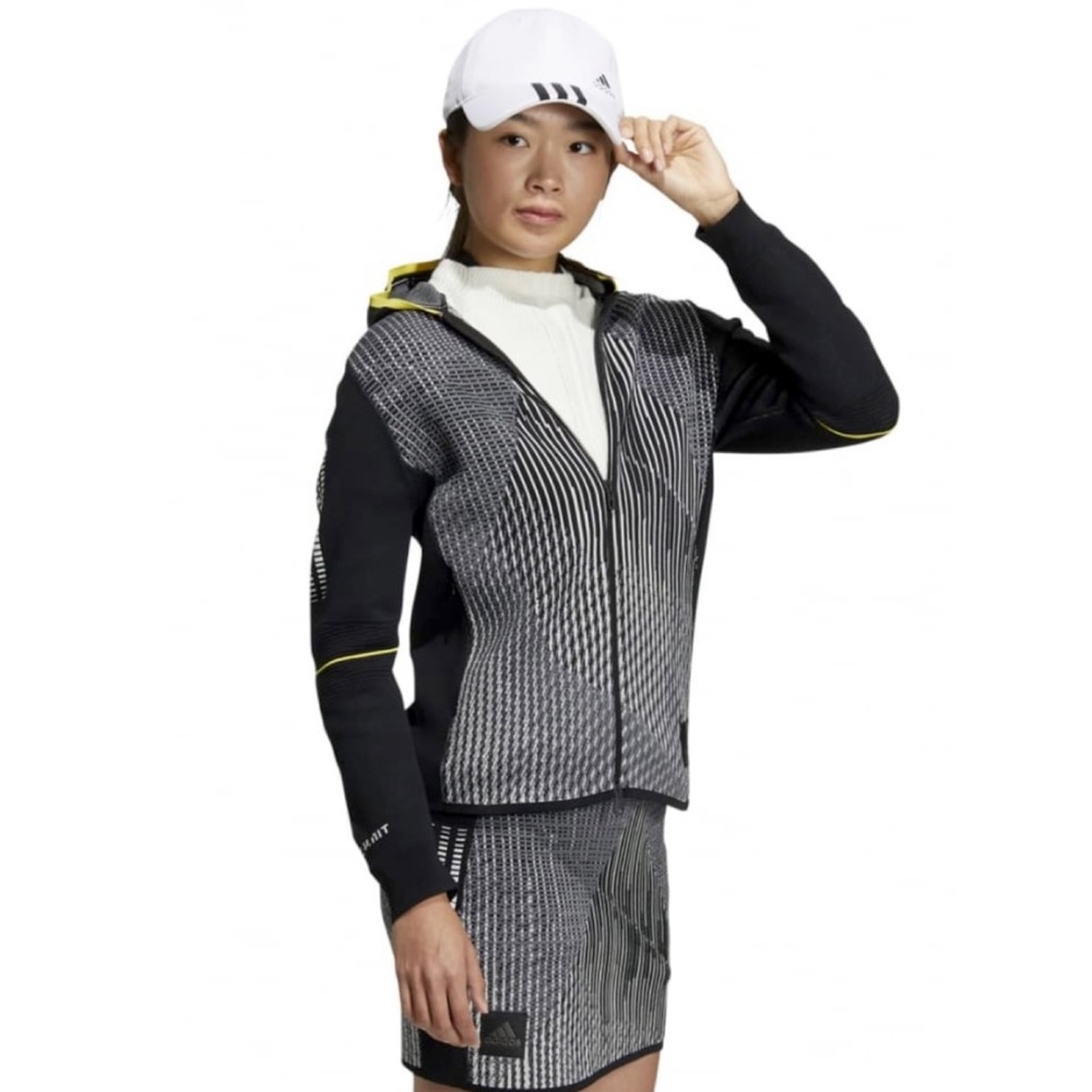 ADIDAS • Black/White/Grey/Yellow Abstract Print Full-Zip Hooded Knit Jacket, S - Picture 16 of 16